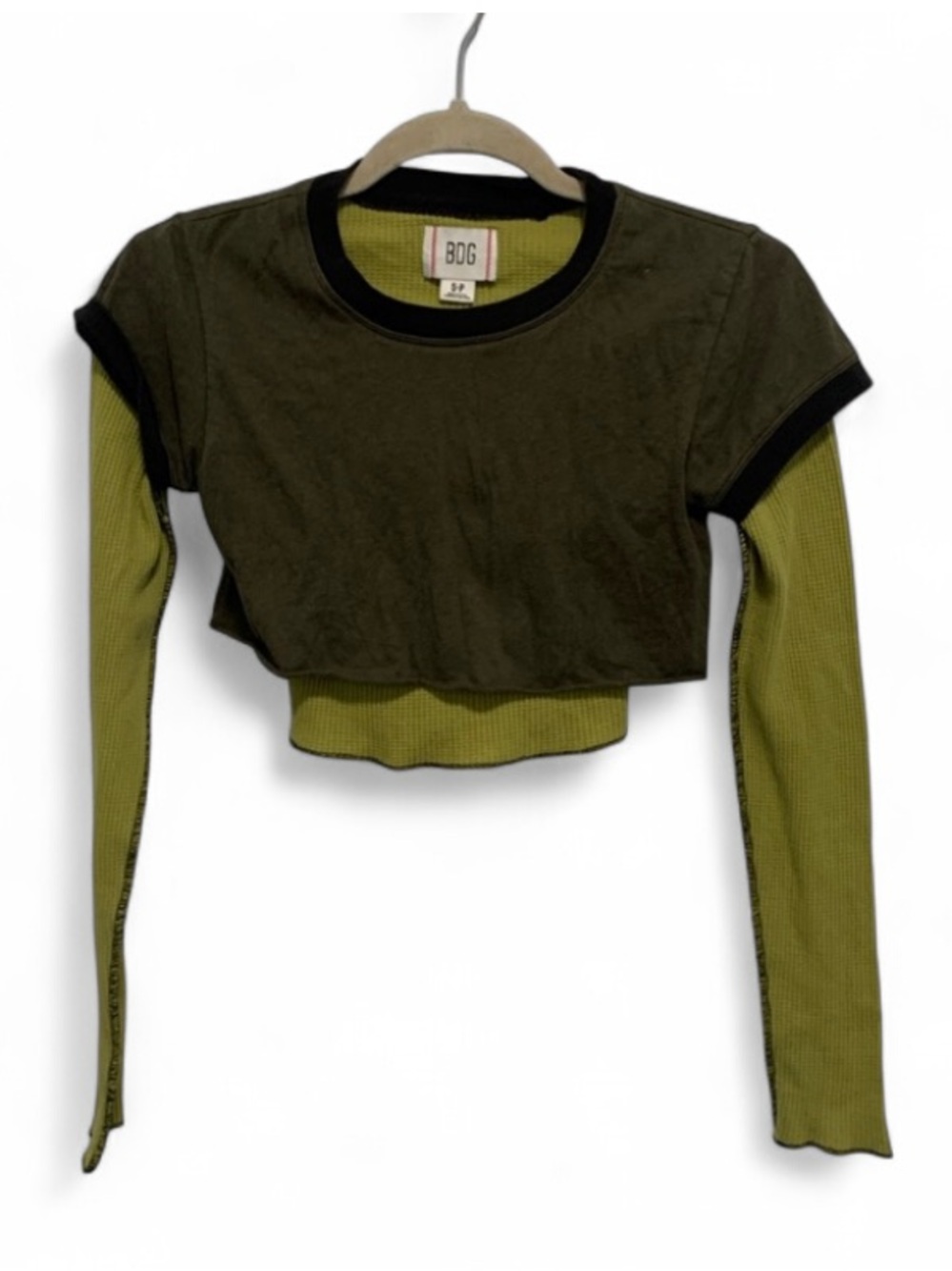 BDG Green Crop Layered Long-Sleeve Top